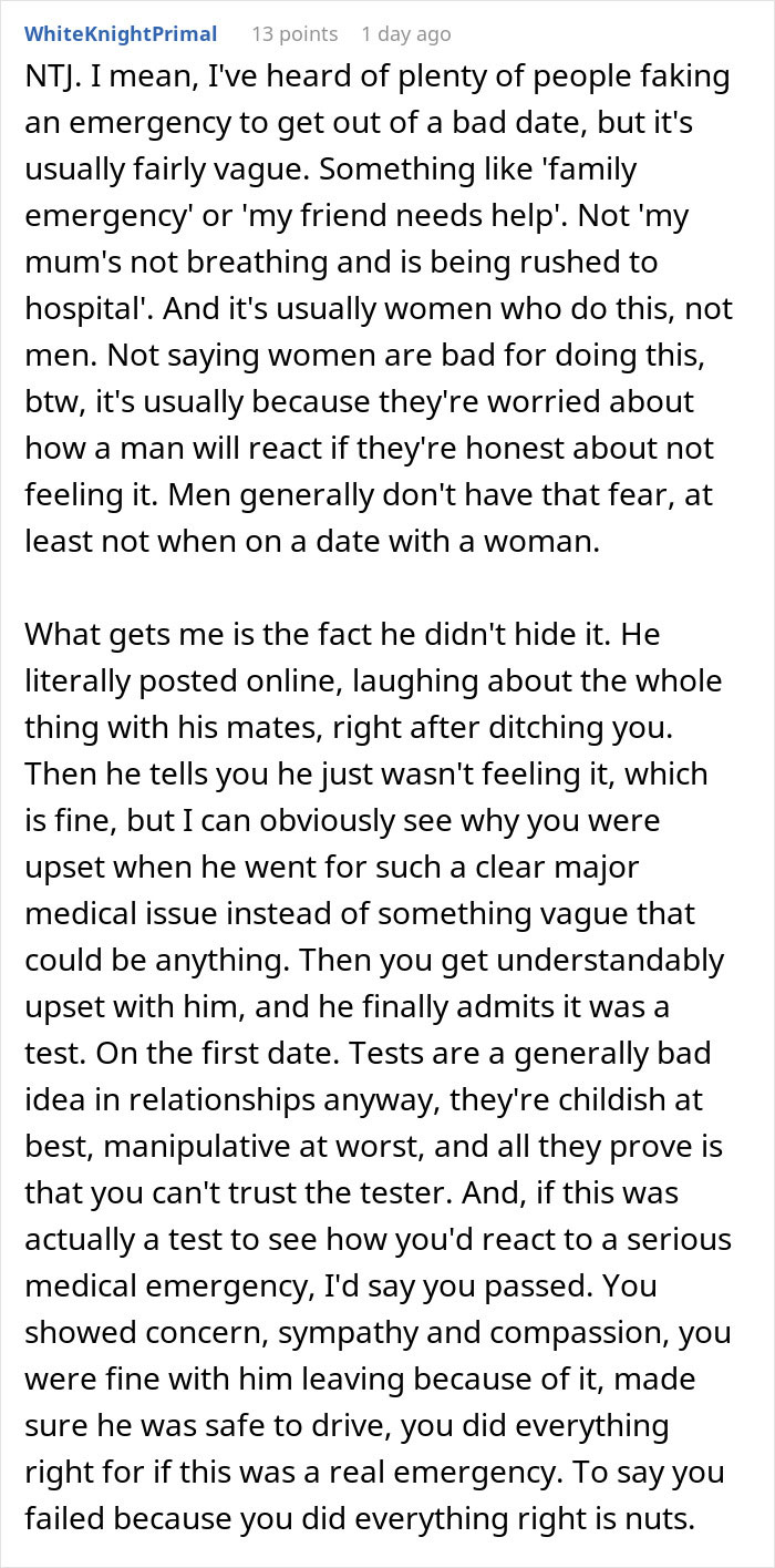 Screenshot of an online comment discussing a first date gone wrong involving a fake emergency test.