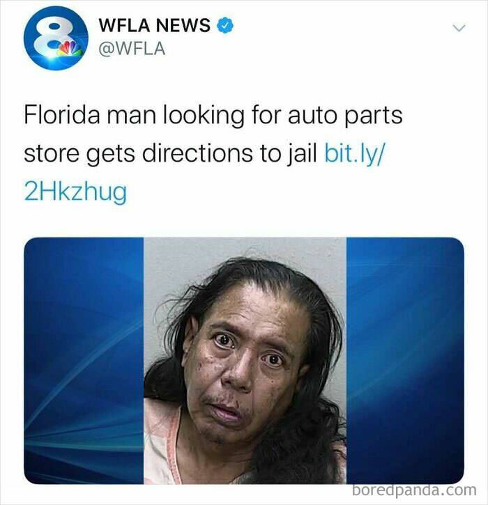 Screenshot of a news tweet about a Florida man and unhinged news headlines that can only happen in America.