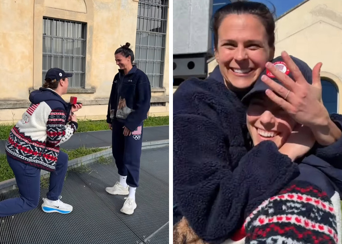 Athletes sharing a joyful proposal moment outdoors during the 2026 Winter Olympics with casual sportswear and smiles.