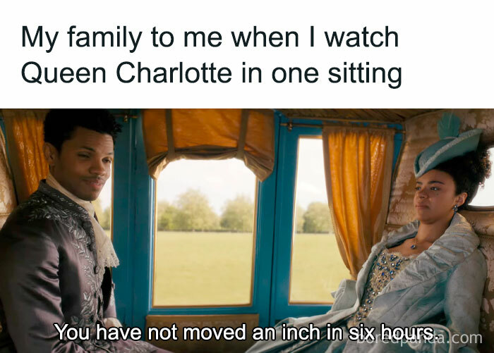 Bridgerton meme showing characters watching Queen Charlotte with caption about not moving for six hours.