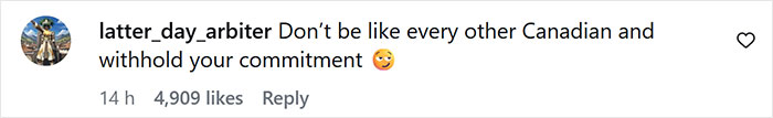 Instagram comment by latter_day_arbiter advising Canadians not to withhold commitment, related to Canadian hockey fans' Olympic bet backfiring.