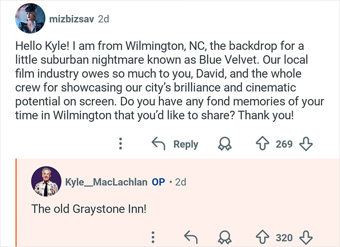 Reddit exchange showing Kyle MacLachlan from Twin Peaks replying about memories of Wilmington's Graystone Inn.