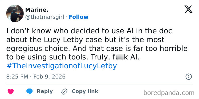 User tweet criticizing Netflix&rsquo;s creative decision to use AI in the Lucy Letby documentary, calling it hard to watch and insensitive.