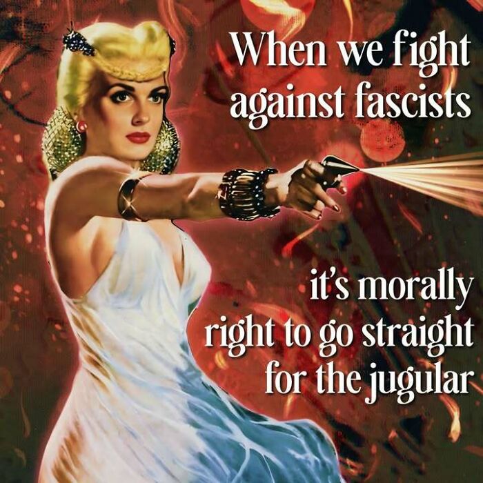 Woman in vintage dress aiming a gun with text on fighting fascists, a hilarious meme that doesn't explain itself.