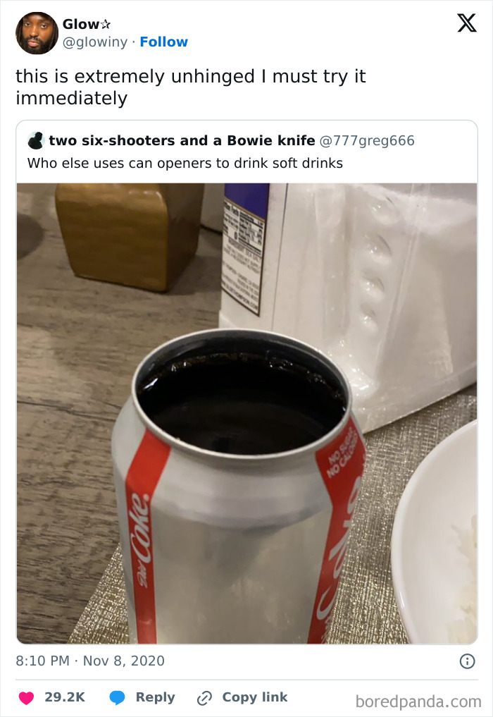 Soda can opened with a can opener for drinking, illustrating a funny food meme about snack cravings.