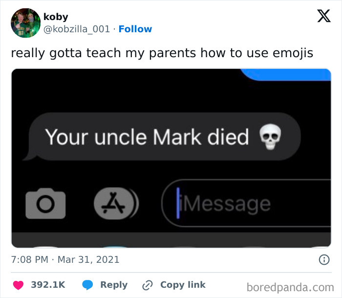 Text message on phone screen showing a failed boomer tech attempt using emojis with message about uncle Mark's death.