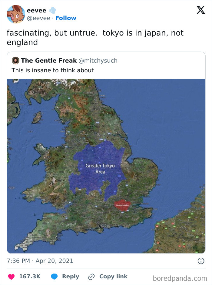 Map showing size comparison of Greater Tokyo Area in Japan and Greater London in England for geography memes.