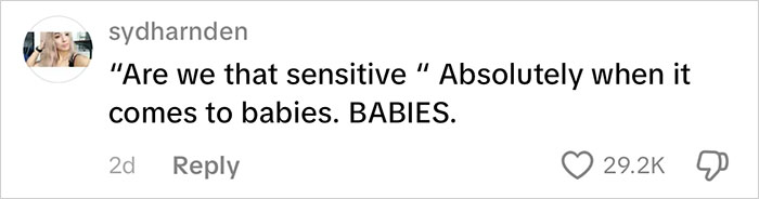 Instagram comment from user sydharnden emphasizing sensitivity around babies, related to Frida Mom marketing controversy.
