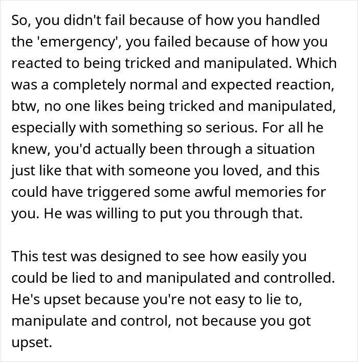 Text excerpt explaining how a first date went wrong after a guy faked an emergency to test and manipulate.