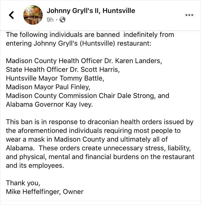 Restaurant Bans State Officials After They Enact Mask Requirements