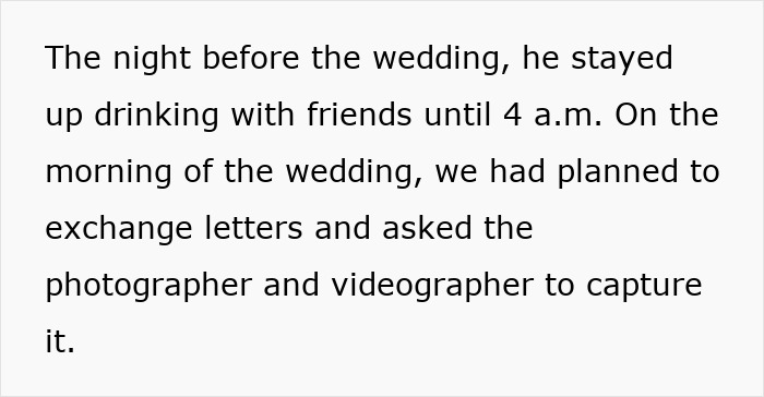 Text excerpt describing a wife hurt about her husband&rsquo;s reaction to her wedding look and planned letter exchange moments before the wedding.