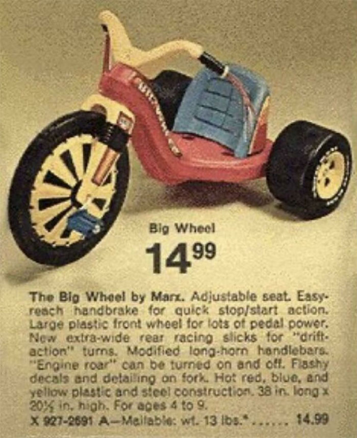 Vintage Big Wheel tricycle with adjustable seat, handbrake, and racing slicks, a nostalgic kids toy from the past.