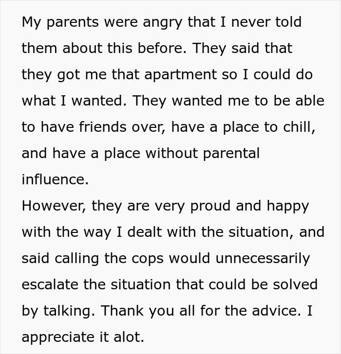 Text message conversation about parents being angry for not sharing information, discussing apartment freedom and handling a roommate&rsquo;s parents babysitting intrusion.