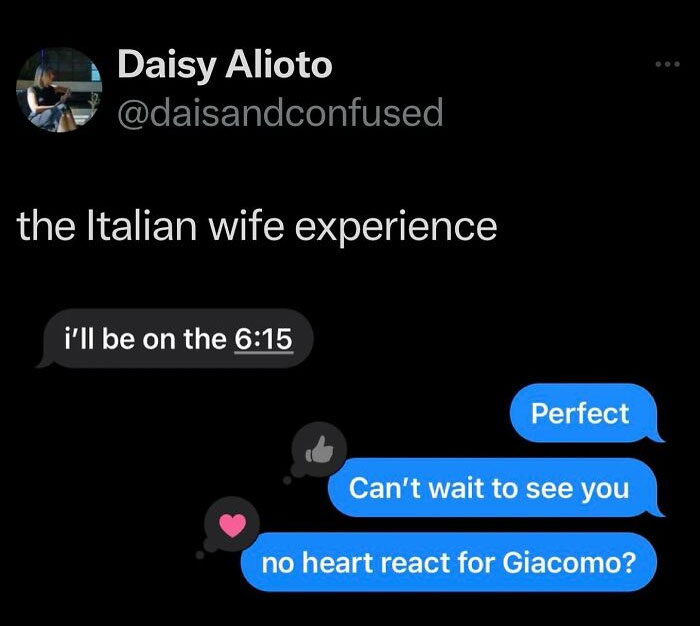 Screenshot of a funny random tweet conversation about the Italian wife experience with playful text reactions.