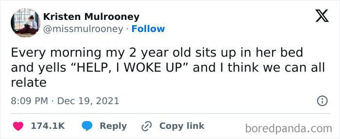 Relatable meme showing a tweet about a 2-year-old yelling for help every morning, highlighting relatable humor.