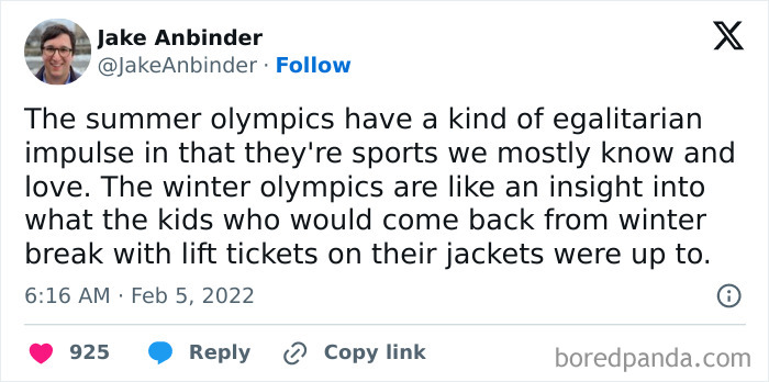 Tweet about the 2026 Winter Olympics comparing its unique appeal to the familiarity of the summer Olympics.