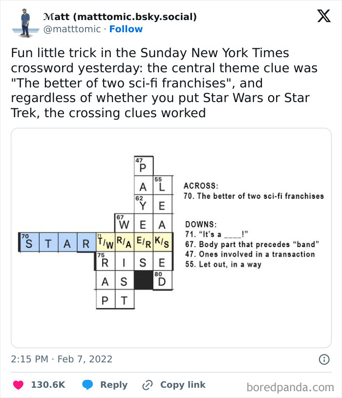 Crossword puzzle featuring sci-fi franchises with clues referencing Star Wars and Star Trek for science fiction nerds.