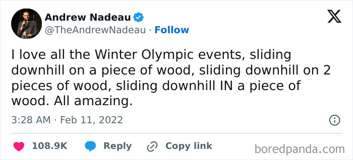 Tweet about the Winter Olympics humorously describing downhill sliding events on wood pieces.