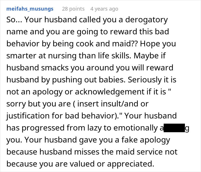 Comment criticizing a husband complaining about paying the price and eating fast food while wife works longer shifts.