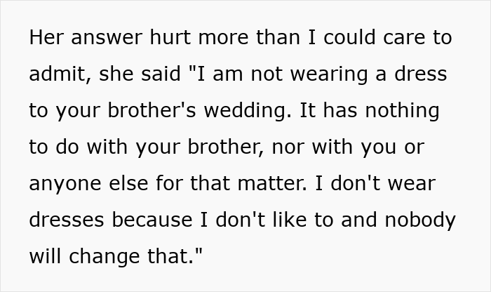 Text showing a girlfriend refusing to wear dresses for a wedding, highlighting a guy struggling with her choice.