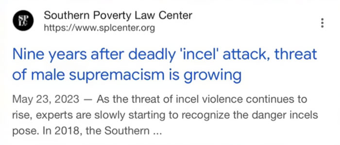Screenshot of Southern Poverty Law Center article about the growing threat of male supremacism and incel violence.