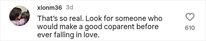 Social media comment about finding a good platonic co-parent before falling in love, discussing co-parenting pros and cons.