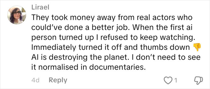 User comment criticizing Netflix's use of AI in the Lucy Letby documentary, expressing backlash over creative decisions.