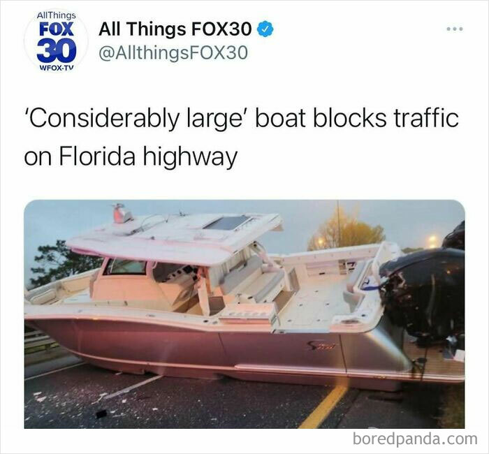 Boat blocking traffic on Florida highway, illustrating unhinged news headlines that can only happen in America.