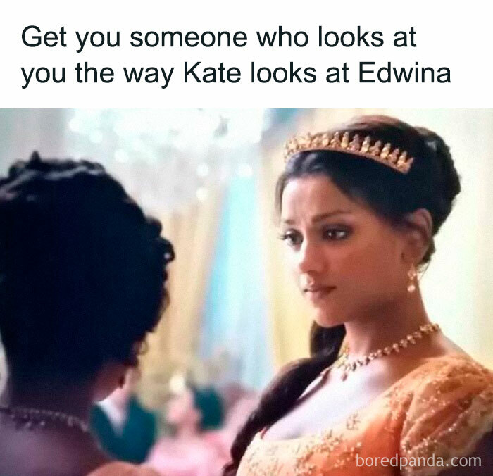 Scene from Bridgerton showing Kate gazing at Edwina at a formal event, popular Bridgerton memes for fans.