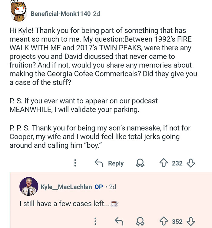 Reddit conversation featuring Kyle MacLachlan from Twin Peaks responding to fan questions about projects and coffee.