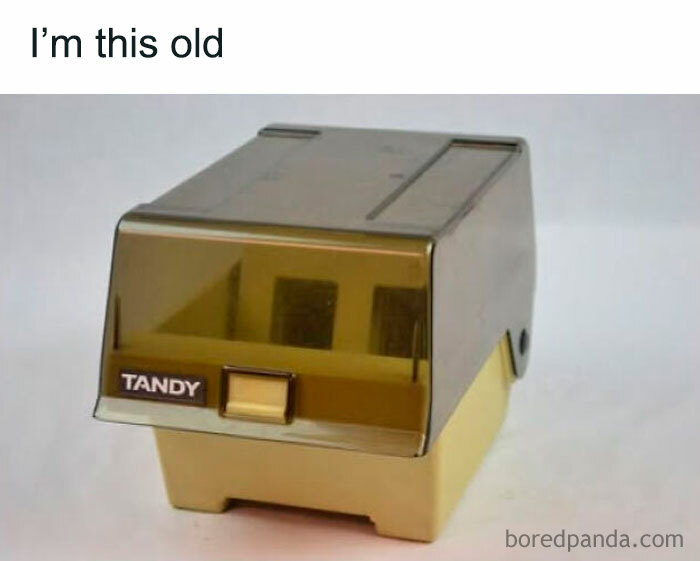 Vintage Tandy device with a translucent brown cover, representing nostalgic pics and references from past decades.