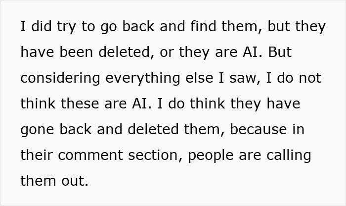 Text excerpt discussing deleted or AI-generated content and people calling out Frida Mom marketing controversies online.