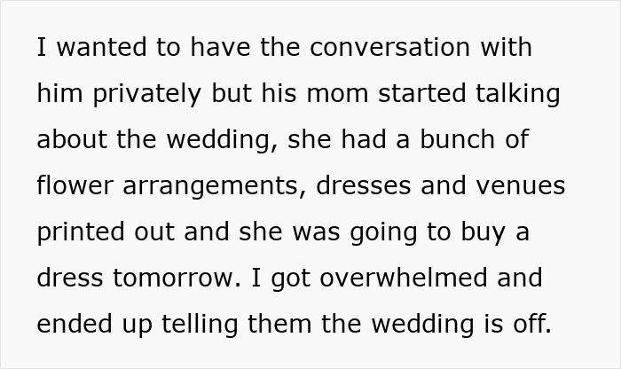 Text describing a woman overwhelmed with wedding plans from her fianc&eacute;&rsquo;s mom and deciding to leave fianc&eacute; for boyfriend.