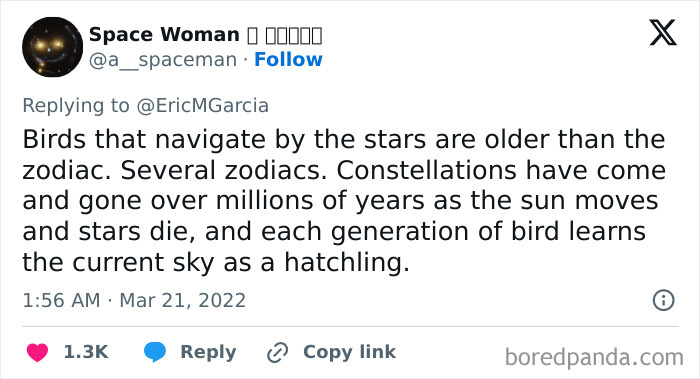 Tweet about birds navigating by stars older than the zodiac, illustrating facts that sound far-fetched but are true.