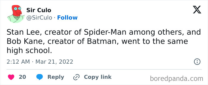 Tweet text about Stan Lee and Bob Kane attending the same high school, illustrating far-fetched but true facts.