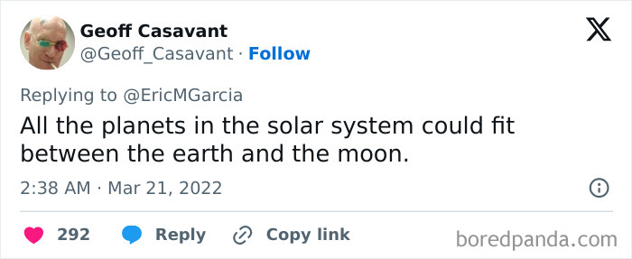 Screenshot of a tweet sharing a far-fetched but true fact about all planets fitting between Earth and the Moon.