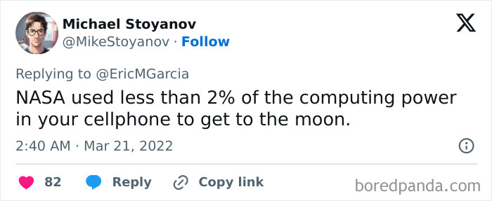Tweet by Michael Stoyanov stating NASA used less than 2% of cellphone computing power to reach the moon, highlighting true far-fetched facts.