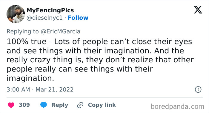Tweet screenshot showing a user discussing imagination and perception, illustrating far-fetched facts that are actually true.