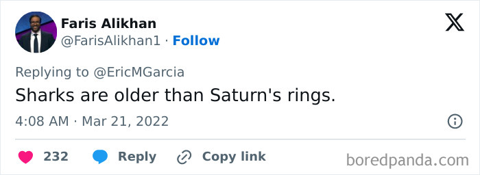 Tweet by Faris Alikhan stating sharks are older than Saturn's rings, illustrating far-fetched facts that are actually true.