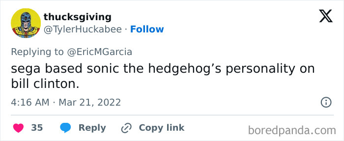 Screenshot of a Twitter post humorously linking Sonic the Hedgehog's personality to Bill Clinton, illustrating surprising facts.