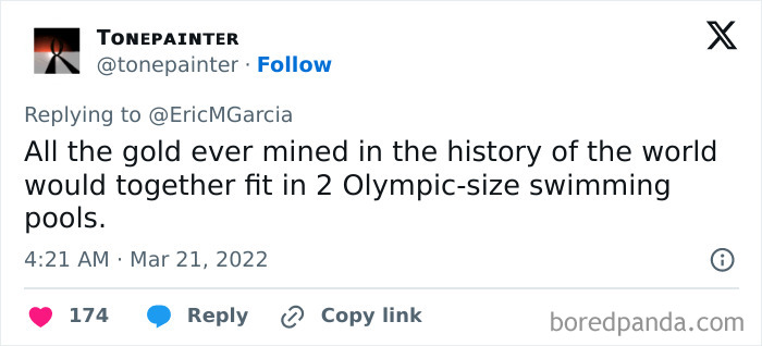 Tweet from Tonepainter stating all the gold ever mined would fit in 2 Olympic-size swimming pools, showing far-fetched true facts.