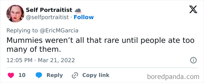 Screenshot of a tweet humorously sharing one of the far-fetched facts that are actually true about mummies.