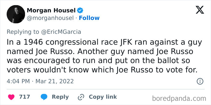 Tweet by Morgan Housel sharing a far-fetched but true fact about JFK and two Joe Russos in a 1946 congressional race.