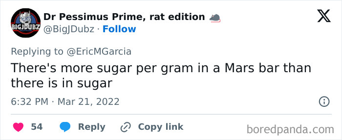 Screenshot of a tweet sharing a far-fetched but true fact about sugar content in a Mars bar.
