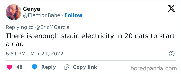 Tweet showing a far-fetched but true fact about static electricity in 20 cats being enough to start a car.