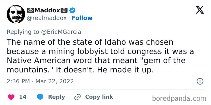 Screenshot of a tweet revealing a far-fetched but true fact about the origin of the state name Idaho.