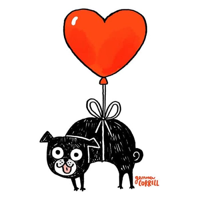 Illustration of a black pug with a red heart-shaped balloon tied to its back, representing pug owners’ unique charm.
