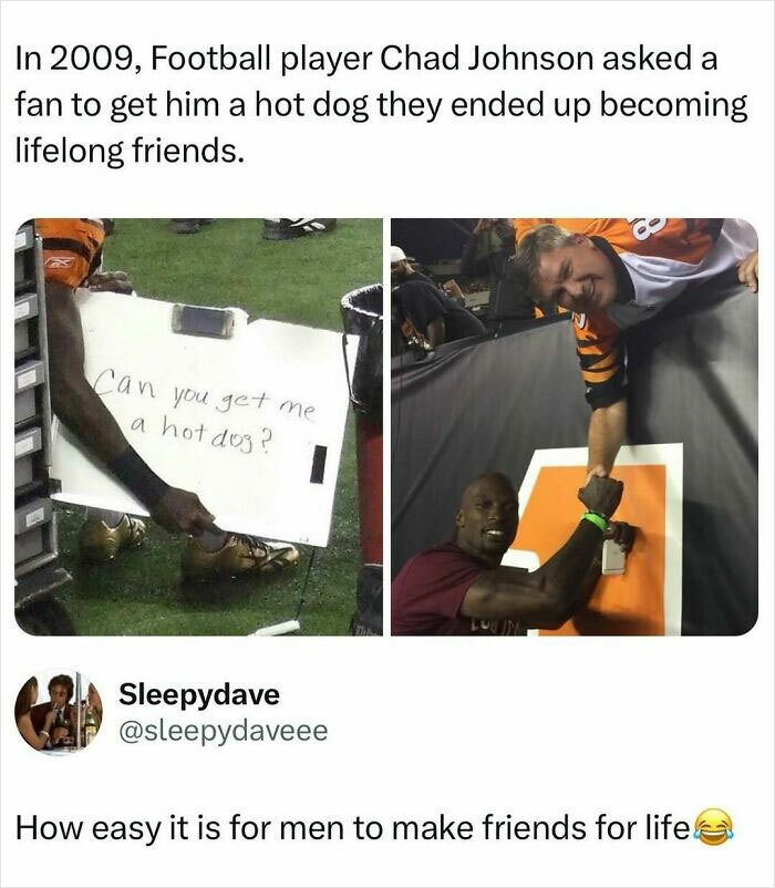 Football player asking for a hot dog leads to lifelong friendship, an entertaining post to help fight boredom.