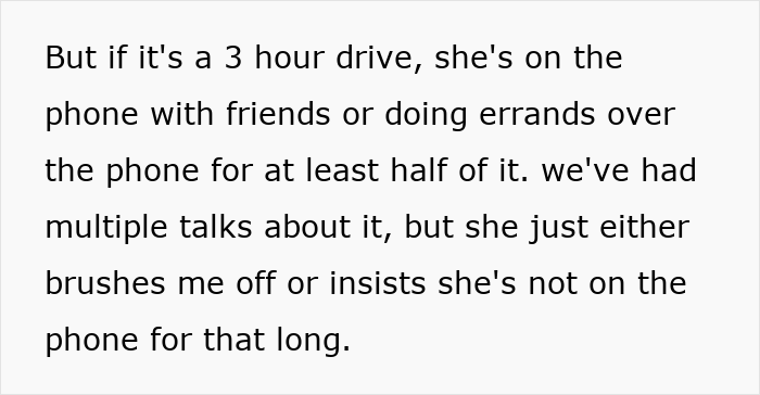 Text showing a frustrated partner with faceplate annoyed while girlfriend mutes music and talks on the phone during a long drive.