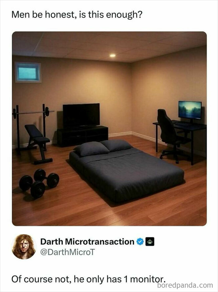 Minimalist room with a mattress, single monitor, workout bench, and dumbbells illustrating entertaining posts and memes about boredom.